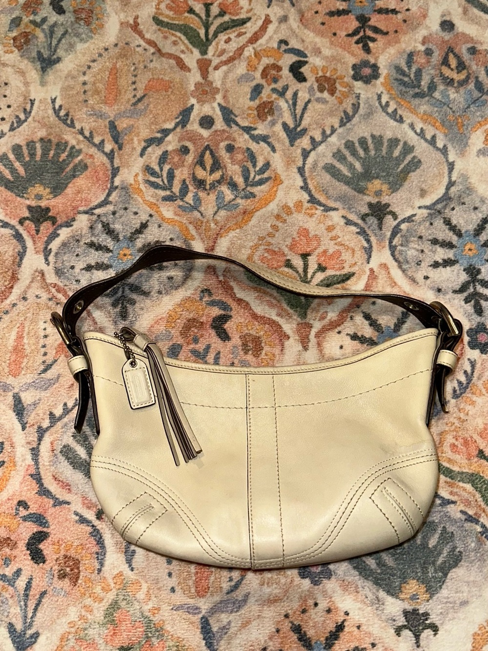 Coach Cream Leather Shoulder Bag with Dark Brown Strap and Tassel